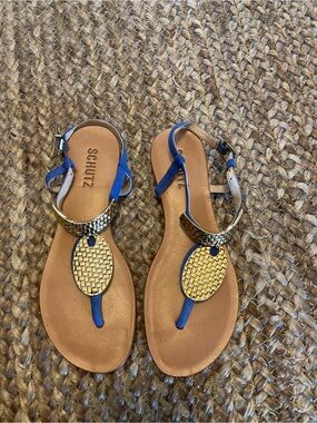 SCHUTZ Blue and Gold T-Strap Sandals